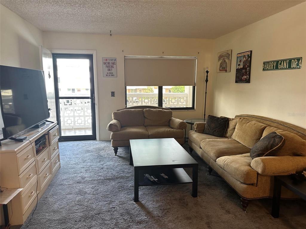 A living room features a television, two sofas, a coffee table, and a glass door — 5090 BAY STREET NE UNIT 220, ST PETERSBURG, FL