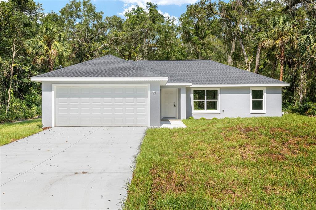 A single-story house with a gray exterior, a two-car garage, and a concrete driveway — 202 FISHER LOOP, OCKLAWAHA, FL