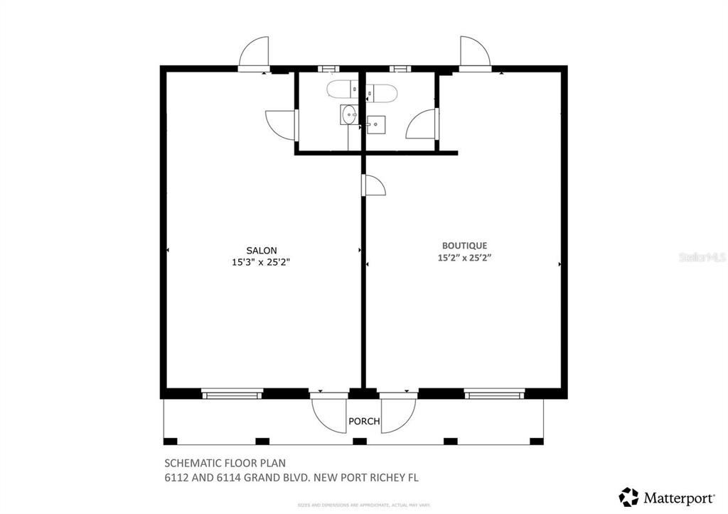 This is a schematic floor plan of a commercial building with two units, a porch, and restrooms — 6118 GRAND BOULEVARD, NEW PORT RICHEY, FL