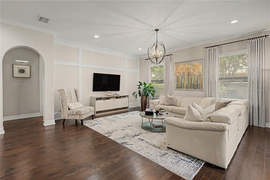 A living room features a white sofa, patterned armchair, television, and dark hardwood floors — 14317 AVON FARMS DRIVE, TAMPA, FL