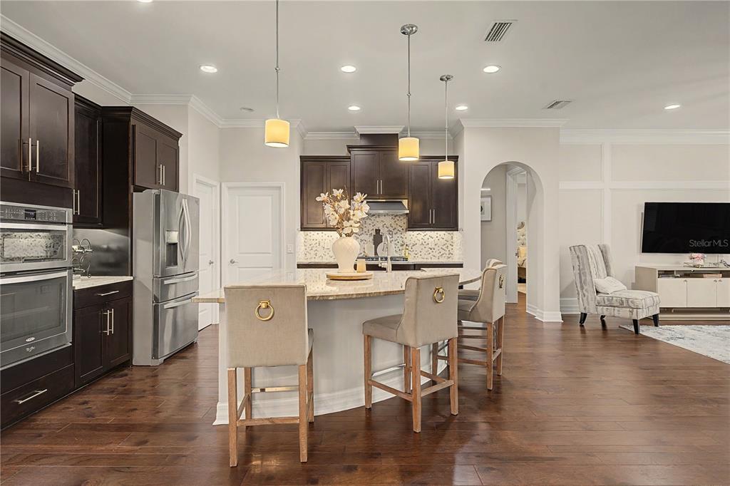 A kitchen with dark wood cabinets, a granite-topped island, and three pendant lights — 14317 AVON FARMS DRIVE, TAMPA, FL