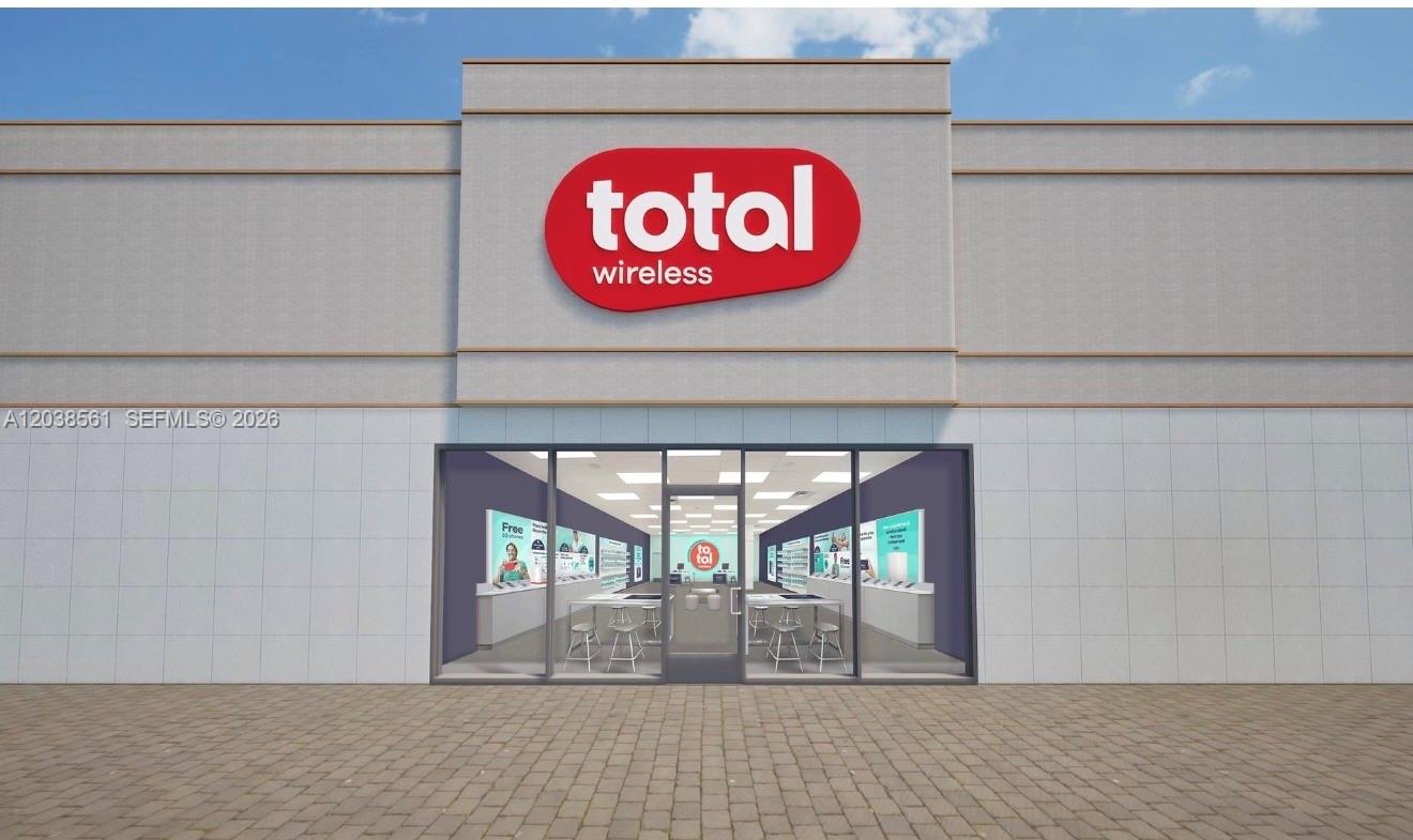 This is a rendering of a Total Wireless storefront exterior with a red logo sign — 789 NW 37 Ave, Miami FL 33125, MIAMI, FL