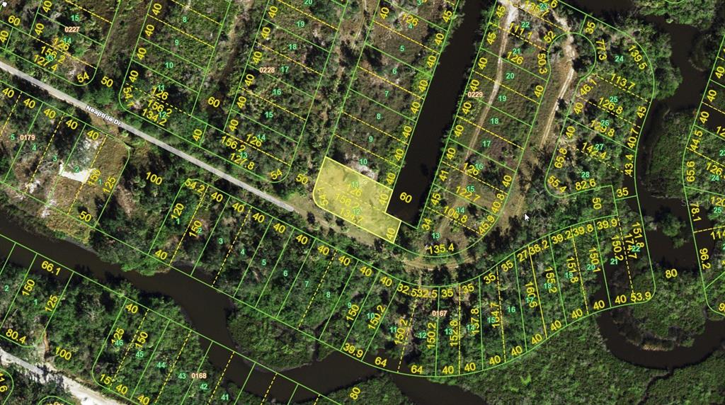 This is a satellite map showing residential property lots and street layouts — 27498 NEAPTIDE DRIVE, PUNTA GORDA, FL