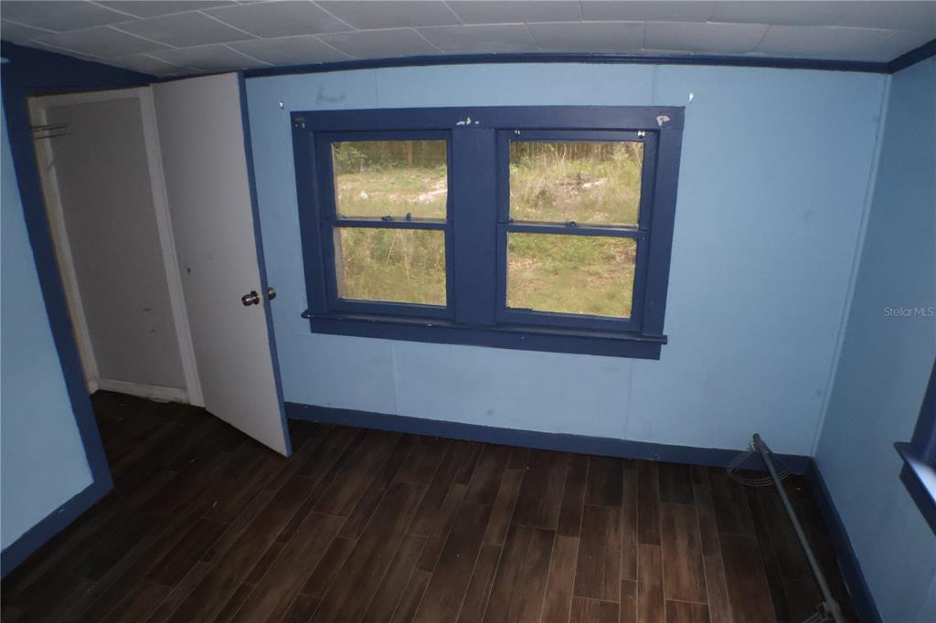 A bedroom with blue walls, dark wood-look flooring, and a double window overlooking a yard — 1202 N FERRELL STREET, PLANT CITY, FL