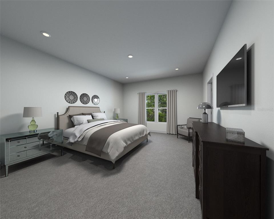 This is a digital rendering of a bedroom featuring a bed, dresser, and wall-mounted television — 5141 NATIVE MILE LOOP, DAVENPORT, FL