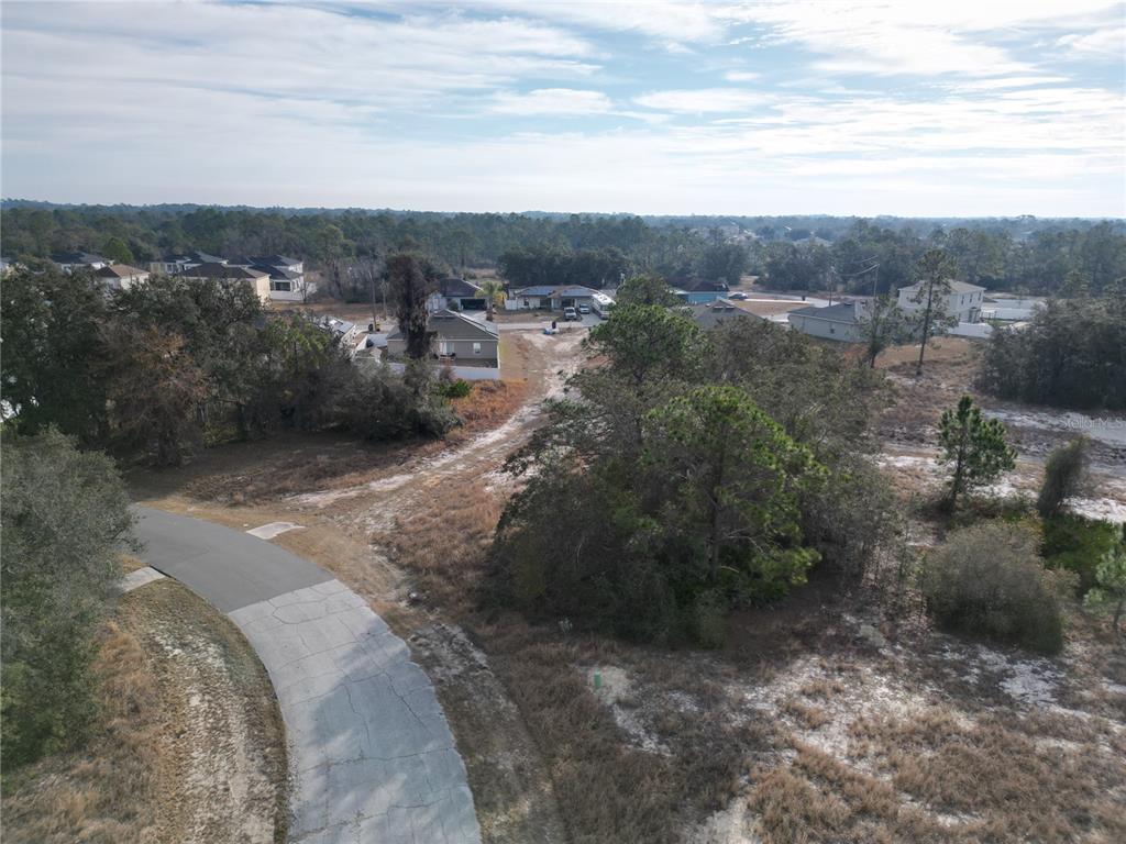 An aerial view shows a paved cul-de-sac leading to a wooded, undeveloped residential lot — 1319 HILLSBOROUGH LANE, KISSIMMEE, FL