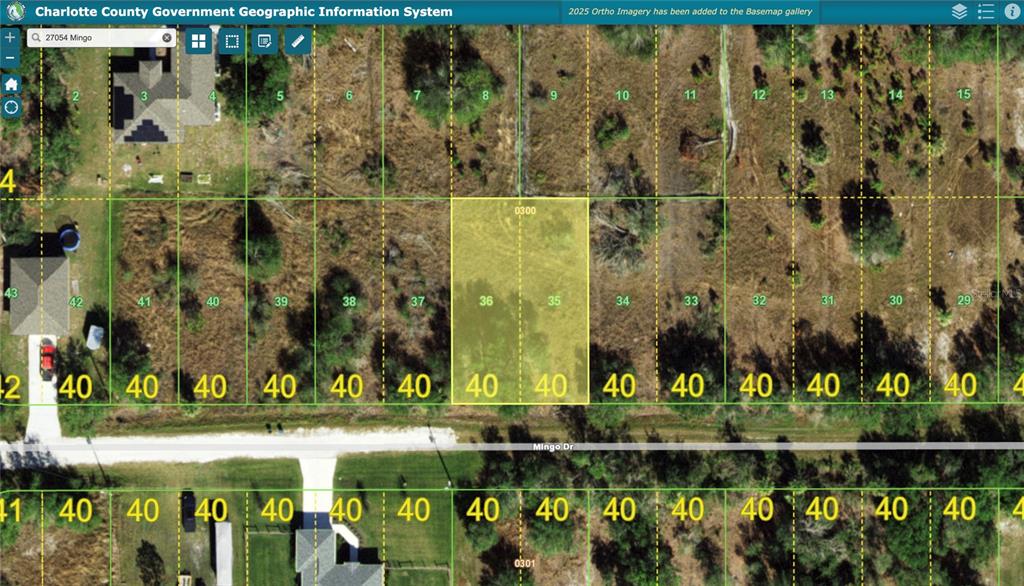 This is a map showing a highlighted rectangular land parcel among adjacent lots — 27054 MINGO DRIVE, PUNTA GORDA, FL