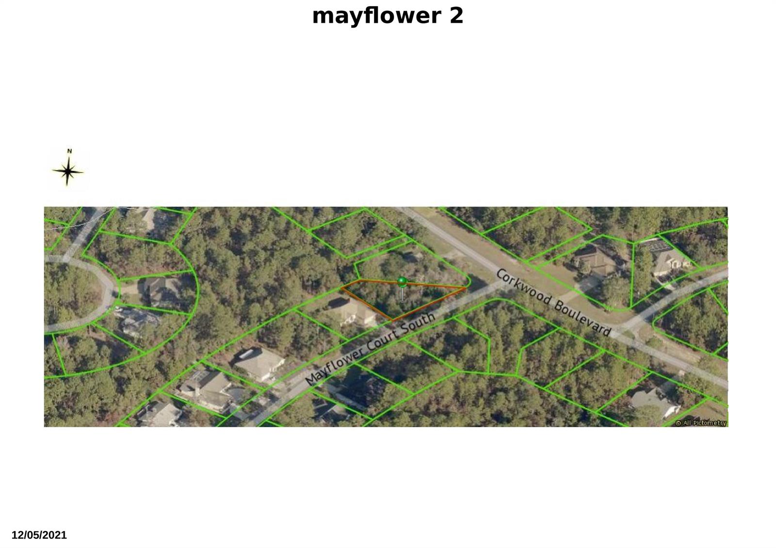This aerial map shows a residential lot highlighted in orange at a street intersection — 2 Mayflower Court S, FL 34446, FL