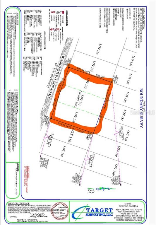 This is a boundary survey map showing the property lines for lots 120, 121, and 122 — 33410 WASHINGTON LOOP ROAD, PUNTA GORDA, FL
