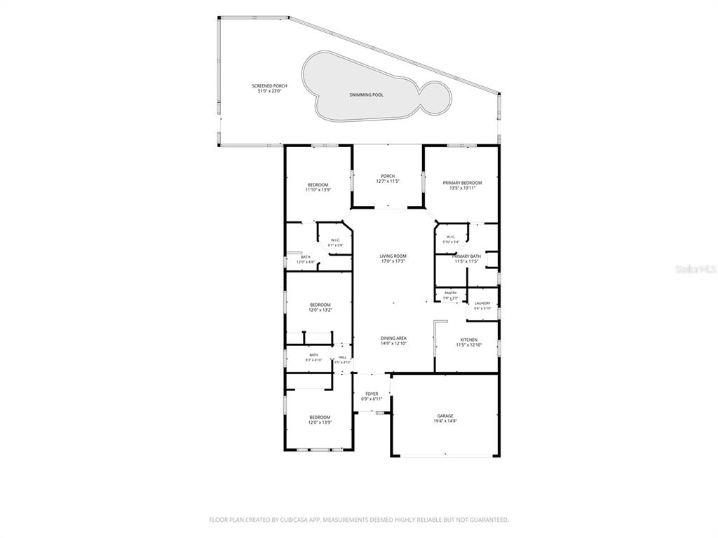 This is a floor plan of a house featuring three bedrooms, a pool, and a porch — 291 MAGICAL WAY, KISSIMMEE, FL