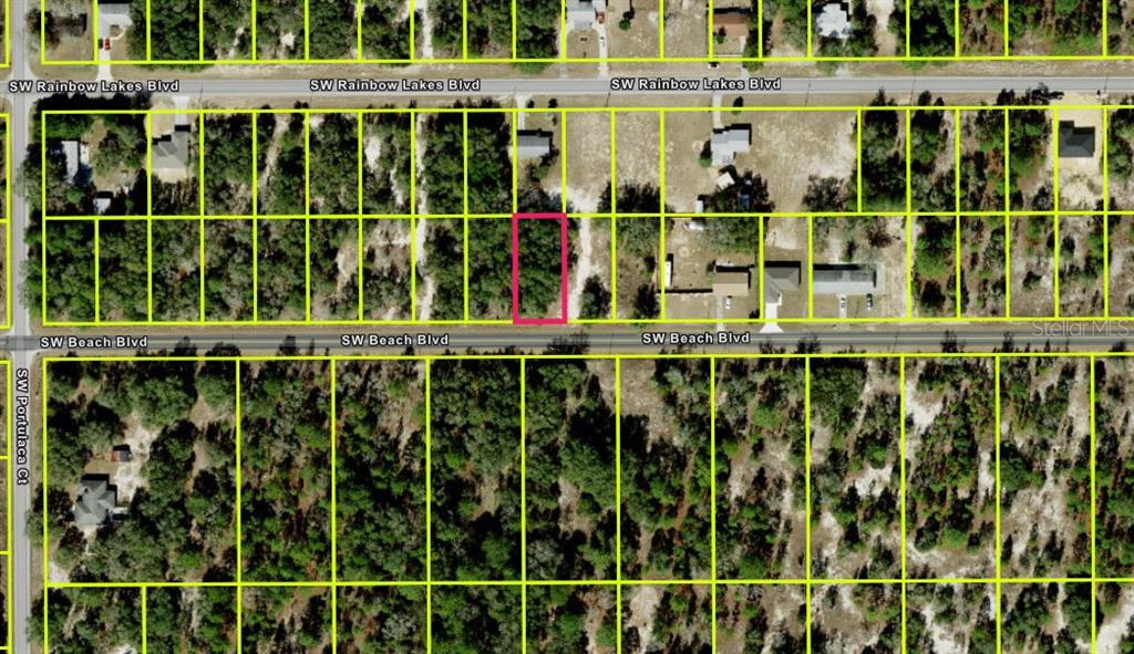 An aerial map shows a rectangular lot highlighted in pink between two paved roads — 22767 SW BEACH BOULEVARD, DUNNELLON, FL