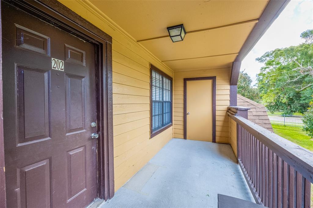 An exterior view of an apartment balcony with a brown door labeled 202 — 360 LAKE ONTARIO COURT UNIT 202, ALTAMONTE SPRINGS, FL