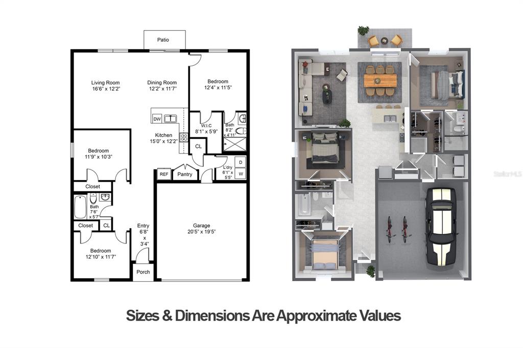 This floor plan shows a three-bedroom home with a two-car garage and a rear patio — 13322 GOLDEN LIME AVENUE, SPRING HILL, FL