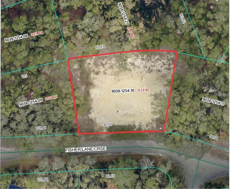 An aerial map shows a cleared, rectangular residential lot outlined in red along Fisher Lane — 5 FISHER LANE COURSE, OCKLAWAHA, FL