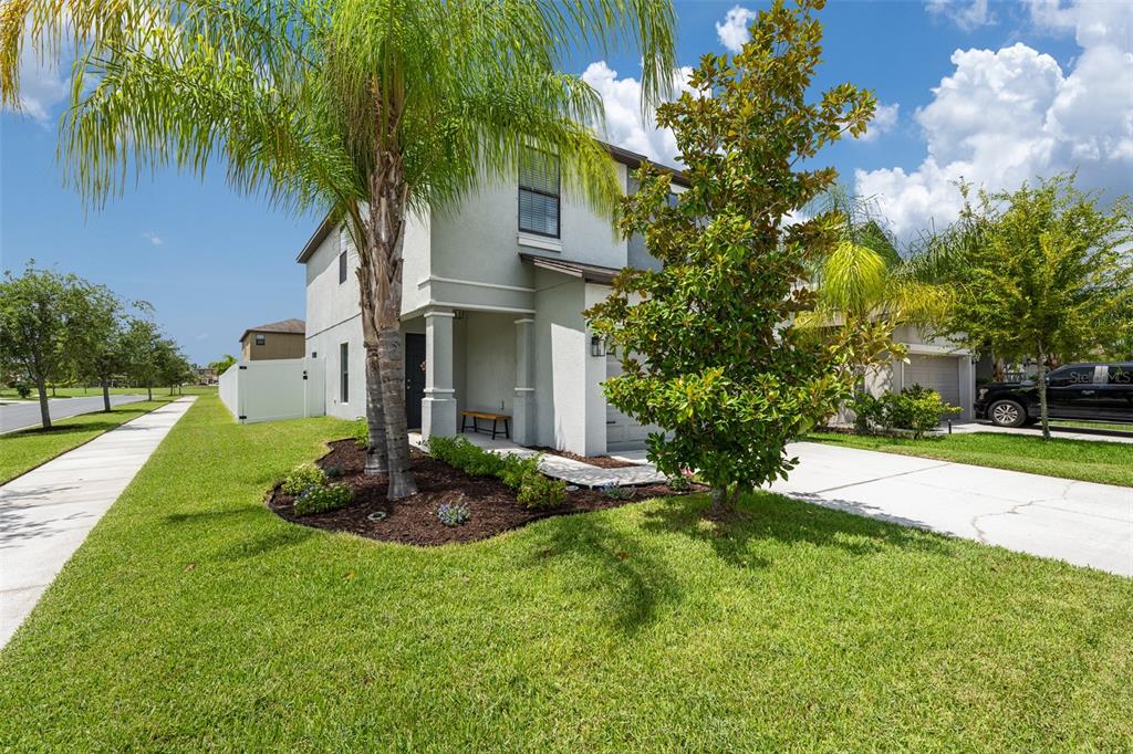 A bedroom features a king-sized bed, dark wood furniture, gray walls, and a ceiling fan — 7423 CLARY SAGE AVENUE, TAMPA, FL