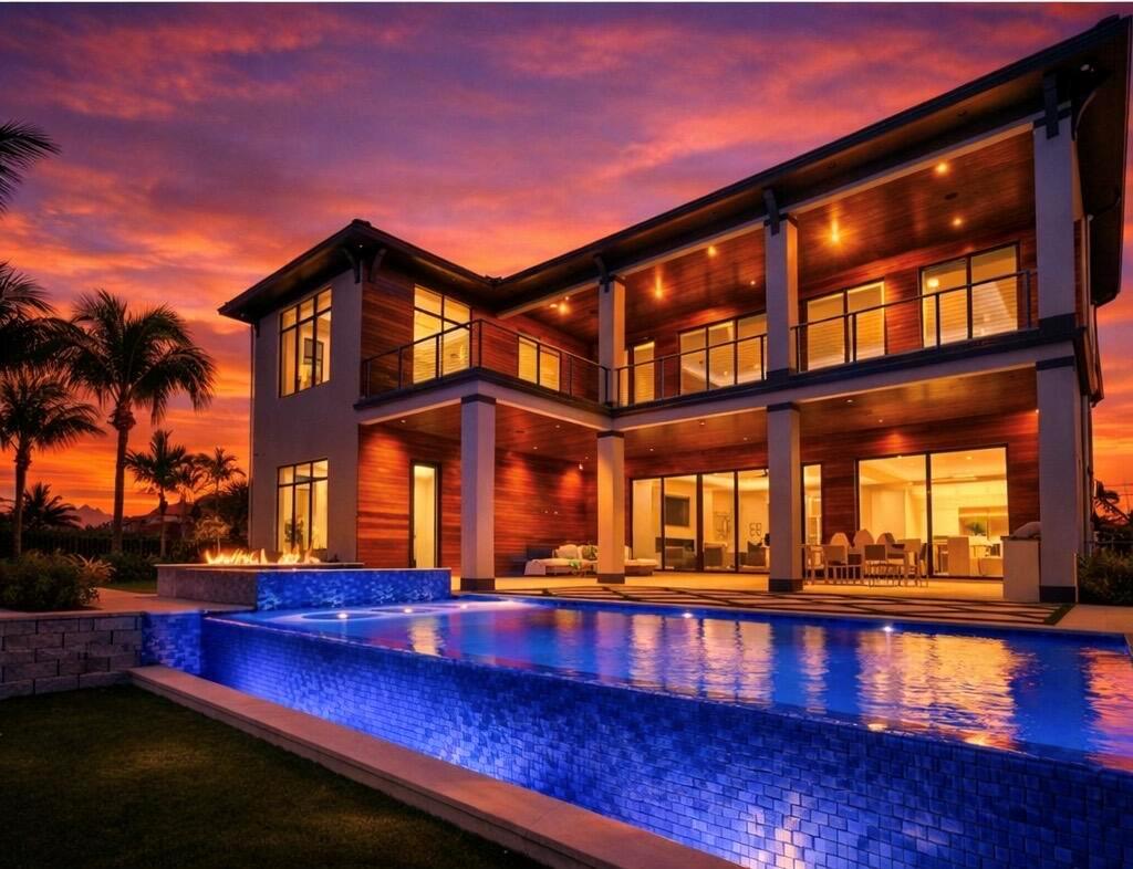 A two-story modern house with wood siding, a swimming pool, and a sunset sky — 736 Lagoon Drive, North Palm Beach FL 33408, NORTH PALM BEACH, FL