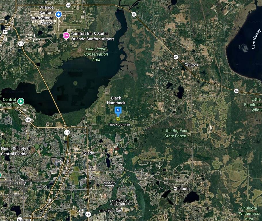 This is a satellite map showing the area around Lake Jesup and Oviedo, Florida — 1608 OKLAHOMA STREET, OVIEDO, FL