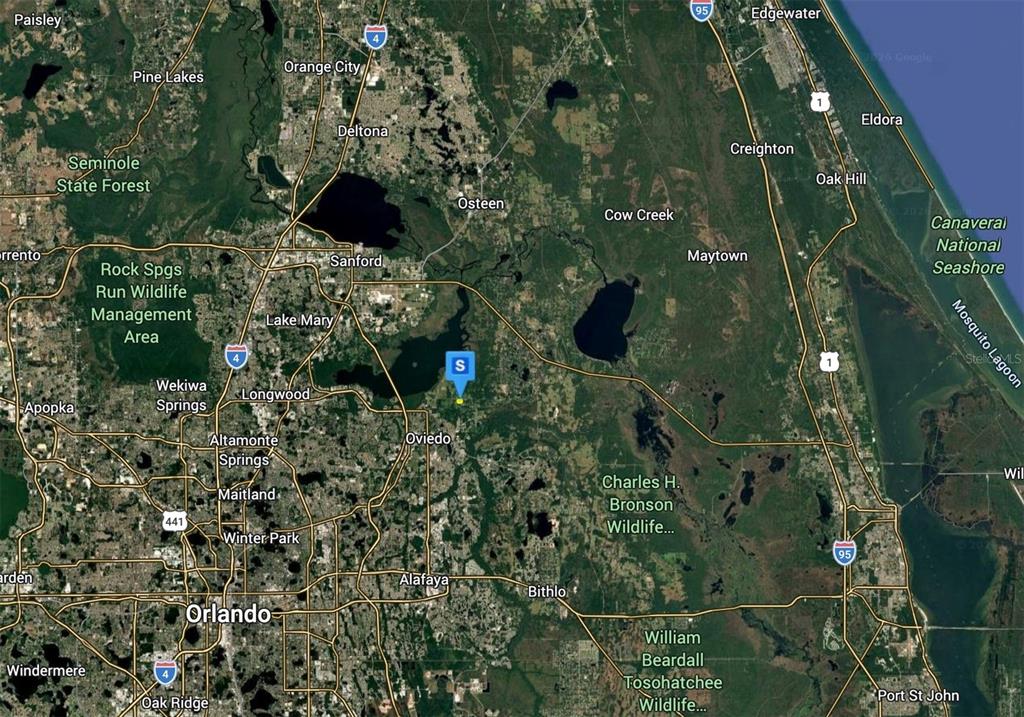 This is a map showing the location of a property in the Orlando, Florida area — 1608 OKLAHOMA STREET, OVIEDO, FL