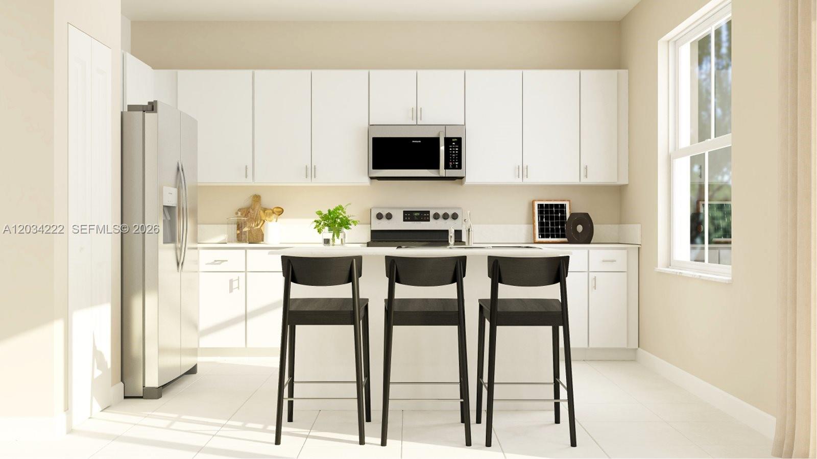 This is a rendering of a modern kitchen featuring white cabinets, stainless appliances, and bar seating — 2735 SE 24 DR, Homestead FL 33034, HOMESTEAD, FL