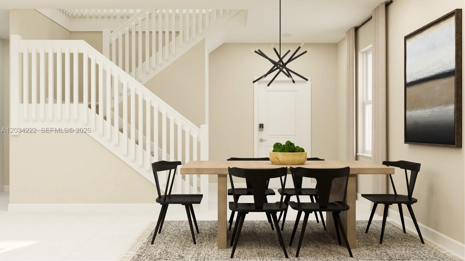 This rendering shows a dining room with a wooden table, black chairs, and a staircase — 2735 SE 24 DR, Homestead FL 33034, HOMESTEAD, FL