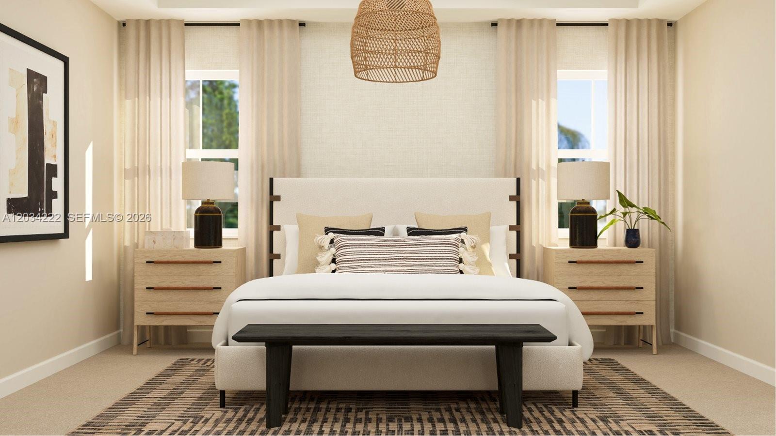 This rendering shows a bedroom with a neutral color palette, upholstered headboard, and wooden furniture — 2735 SE 24 DR, Homestead FL 33034, HOMESTEAD, FL