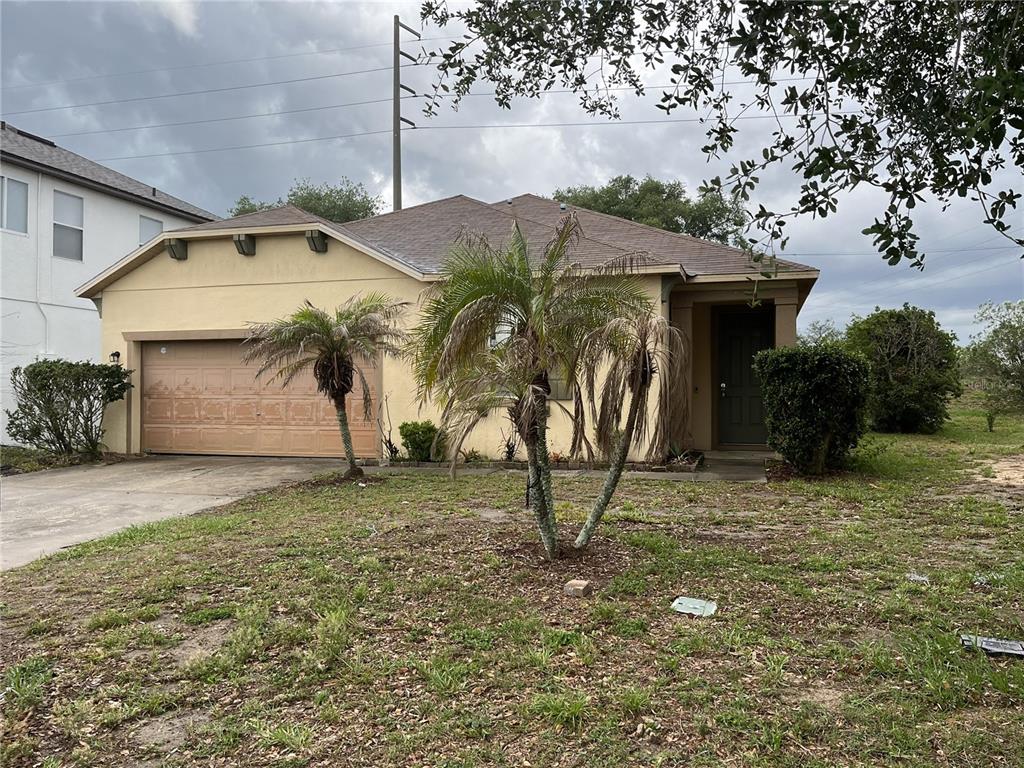 A single-story house with a tan stucco exterior, a brown garage door, and palm trees — 217 SAND RIDGE DRIVE, DAVENPORT, FL