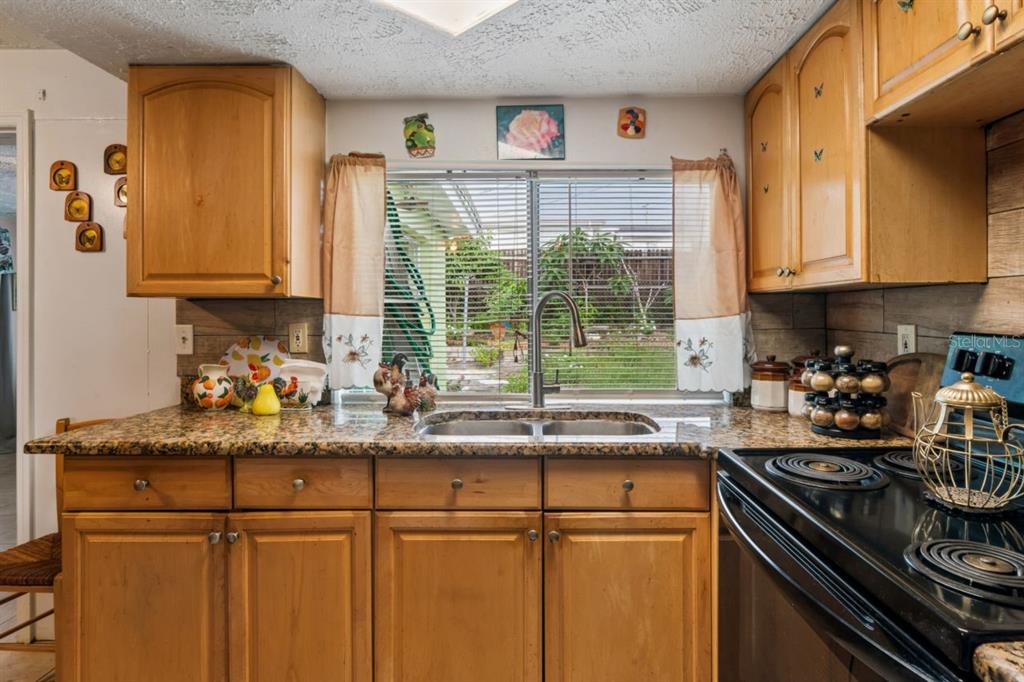 A kitchen features wood cabinets, granite countertops, a double sink, and a window overlooking a yard — 3415 CLYDESDALE DR unit 5, HOLIDAY, FL