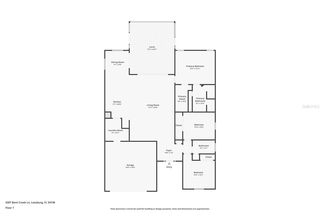 This is a floor plan showing the layout of a single-story residential home — 4307 BENT CREEK LANE, LEESBURG, FL