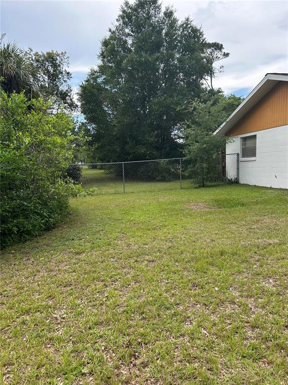 A grassy backyard features a chain-link fence, mature trees, and the side of a house — 305 VIOLETWOOD ROAD, DELAND, FL