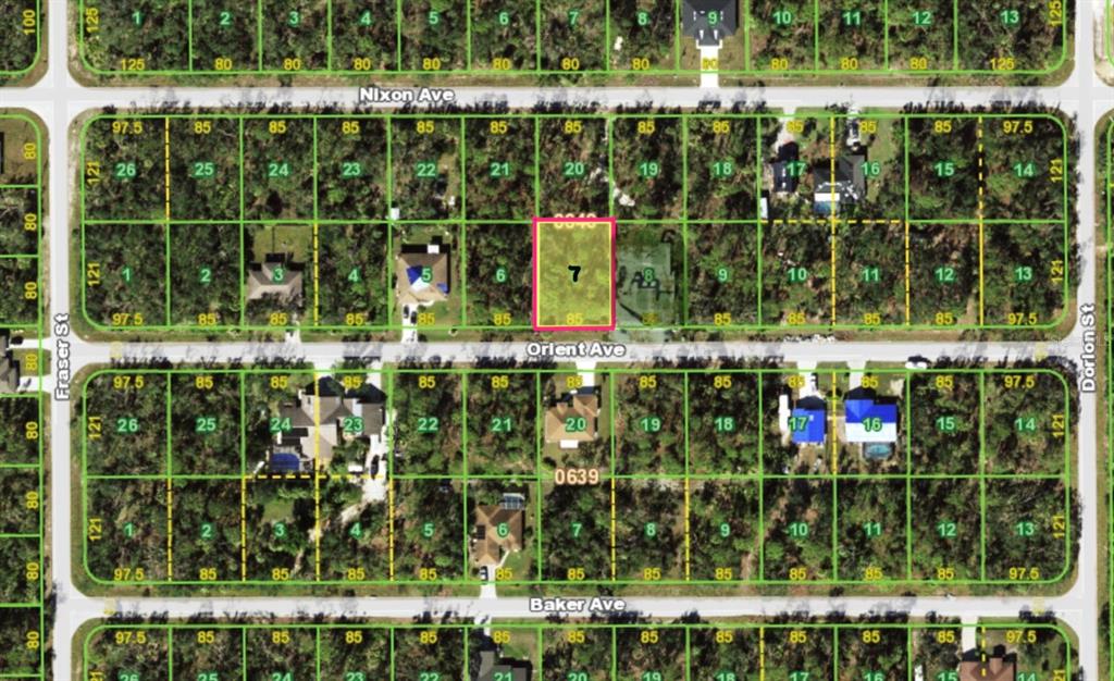 This is an aerial map showing a highlighted rectangular land parcel among residential lots — 17122 ORIENT AVENUE, PORT CHARLOTTE, FL