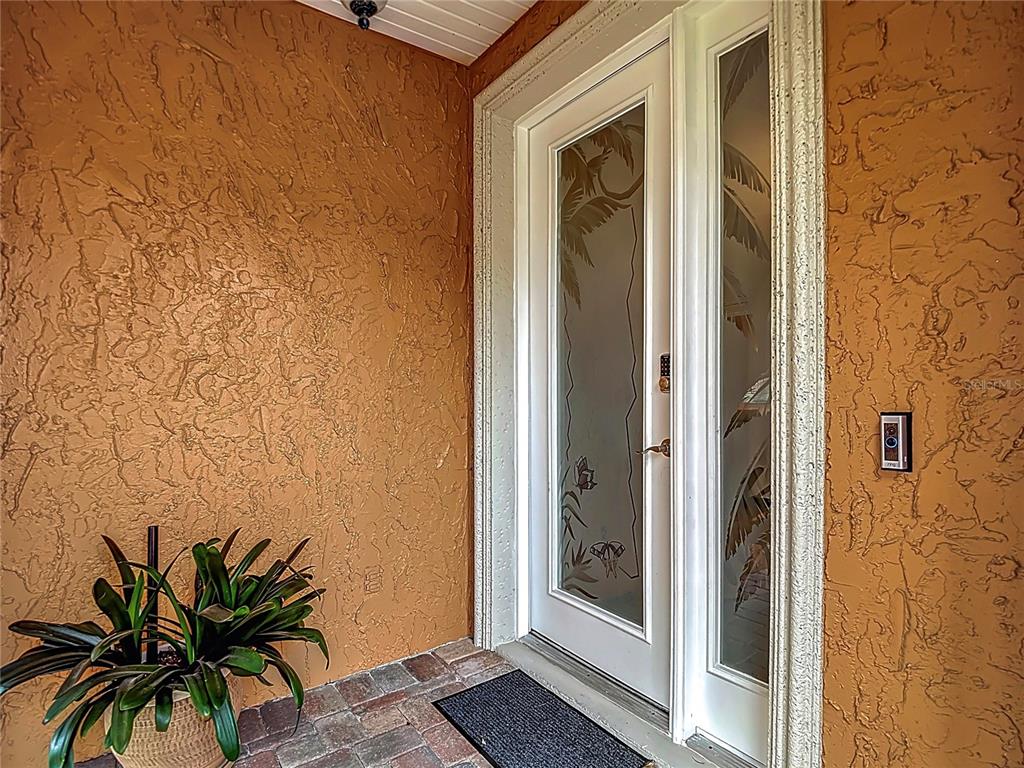 An exterior entryway features a white door with etched glass, a doorbell camera, and stucco walls — 6828 SOMBRAS WAY, LAND O LAKES, FL