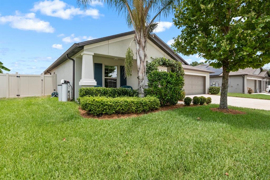 A single-story house with a palm tree, manicured hedges, and a two-car garage — 809 TIMELESS MOSS DRIVE, RUSKIN, FL