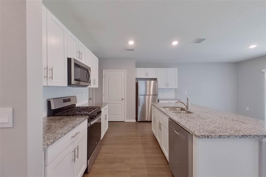 A modern kitchen features white cabinets, granite countertops, stainless steel appliances, and wood-look flooring — 32221 EDSON AVE, LEESBURG, FL