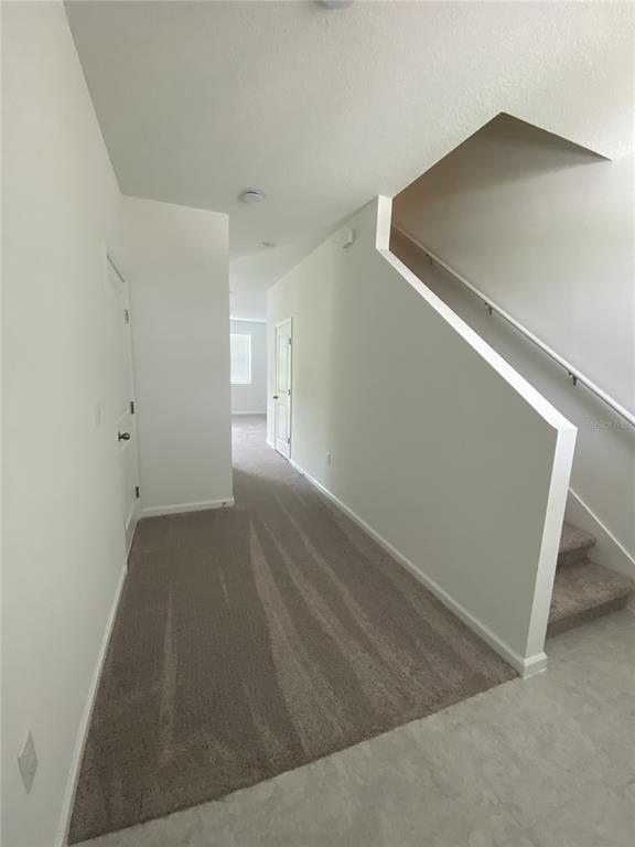 An interior view shows a carpeted hallway leading to a doorway with stairs on the right — 3451 VESARA DRIVE, DAVENPORT, FL