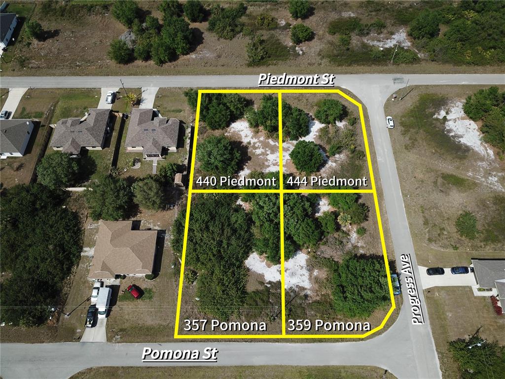 An aerial view shows four adjacent vacant lots outlined in yellow between two streets — 357 POMONA STREET, LEHIGH ACRES, FL