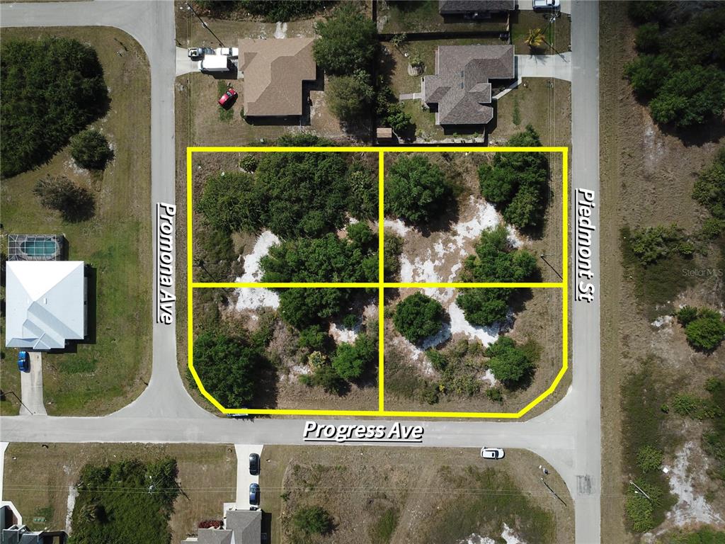 This is an aerial map showing four vacant lots bordered by three streets — 357 POMONA STREET, LEHIGH ACRES, FL
