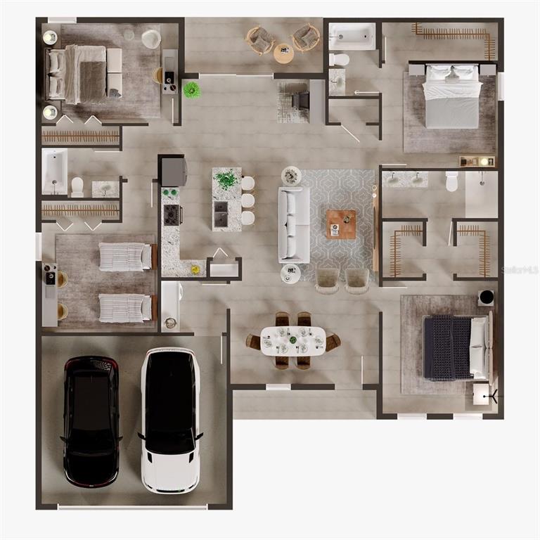 This is a 3D floor plan rendering of a single-story house with a two-car garage — 1985 W CORRINE STREET, DUNNELLON, FL
