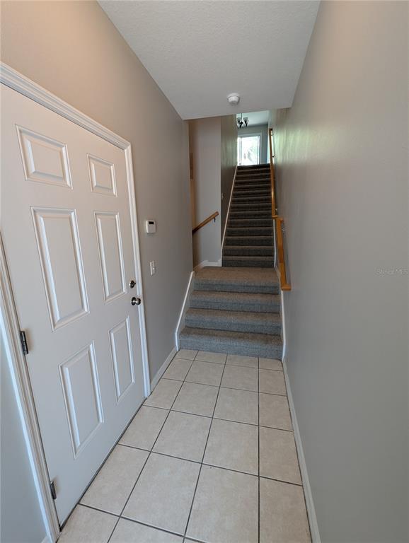 An entryway features a white door, tiled flooring, and carpeted stairs leading to an upper level — 8319 KING BLOSSOM COURT, TAMPA, FL