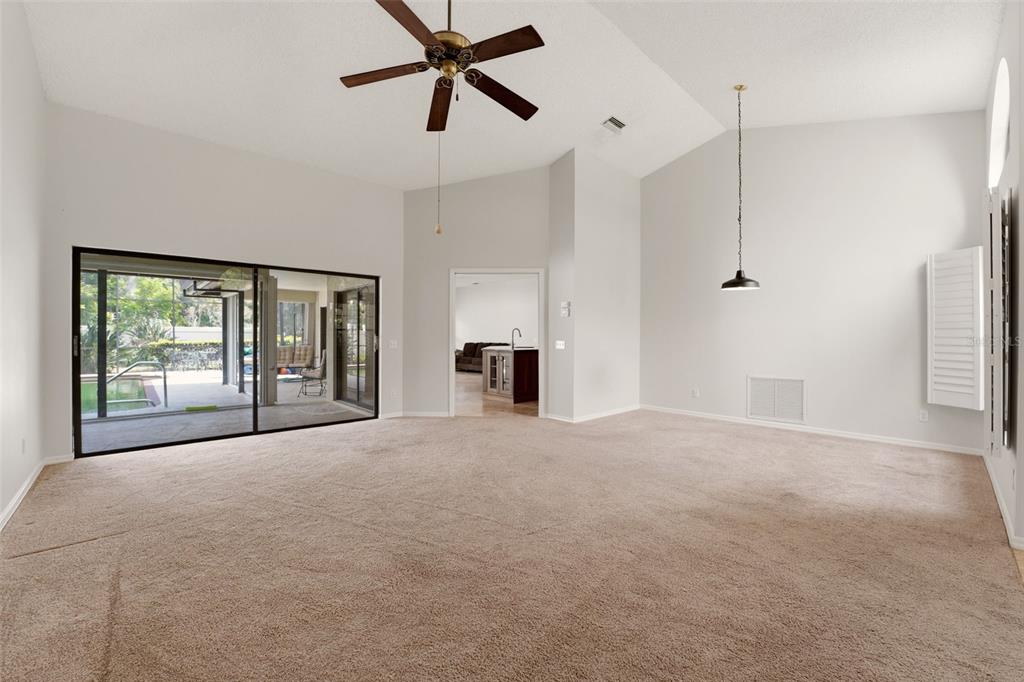 A spacious living room features beige carpeting, a vaulted ceiling, a ceiling fan, and sliding doors — 215 CARRIAGE HOUSE LANE UNIT 215, NOKOMIS, FL