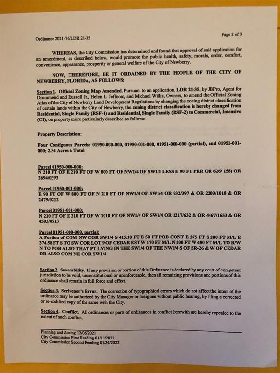 This document is a page from a city ordinance regarding a zoning map amendment — 24809 W NEWBERRY ROAD, NEWBERRY, FL
