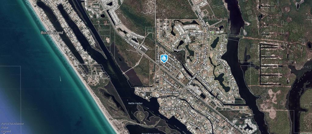 This is an aerial map view showing the coastal area of Cape Haze, Florida — 60 BONITA STREET, PLACIDA, FL
