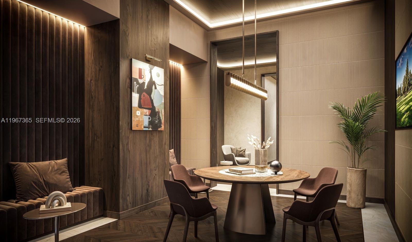 This rendering shows a modern dining room with a round table, chairs, and wood paneling — 4241 Aurora St # 708, Coral Gables FL 33146, CORAL GABLES, FL