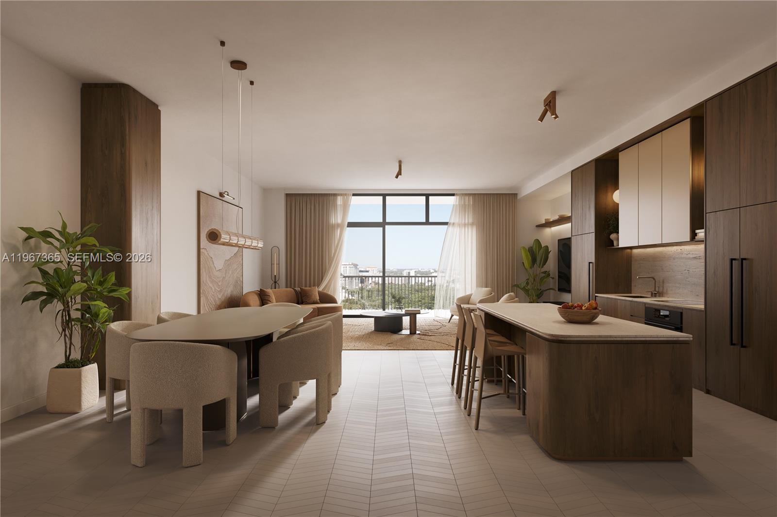 This rendering shows an open-concept kitchen and living area with modern wood cabinetry and furniture — 4241 Aurora St # 708, Coral Gables FL 33146, CORAL GABLES, FL