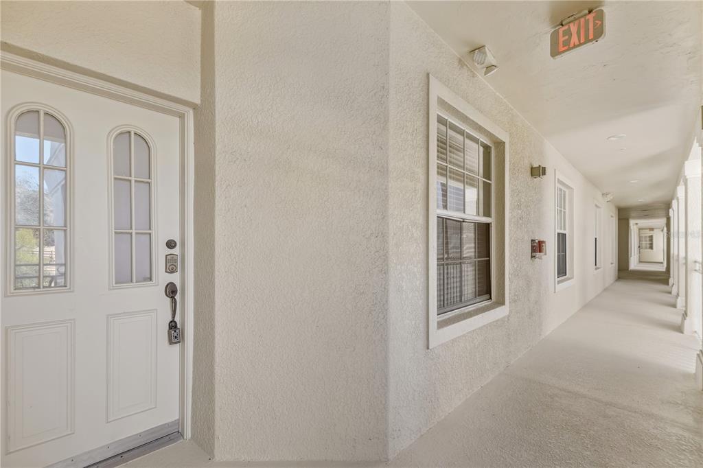 A white door with glass panels sits beside a window along an outdoor building corridor — 900 SAN LINO CIRCLE UNIT 921, VENICE, FL