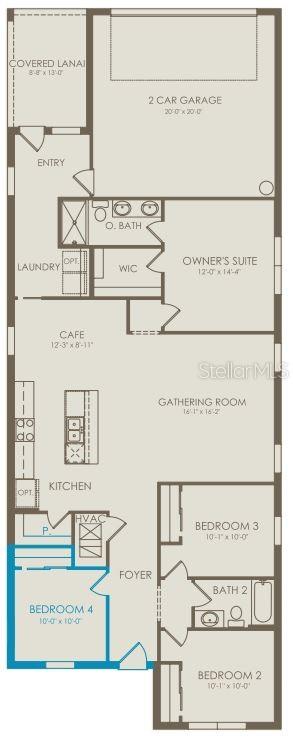 This floor plan shows a four-bedroom, two-bathroom home with a two-car garage and covered lanai — 10770 LEAFY LAUREL STREET, ORLANDO, FL
