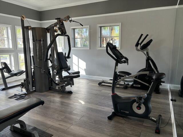 A home gym features a multi-station weight machine, an exercise bike, and wood-look flooring — 815 W Boynton Beach Boulevard # 103, Boynton Beach FL 33426, BOYNTON BEACH, FL