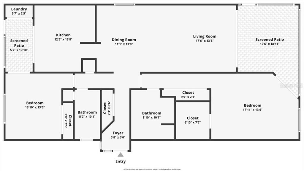 This is a floor plan showing a two-bedroom apartment with two bathrooms and two patios — 10 SHAMROCK WAY UNIT 10, OLDSMAR, FL