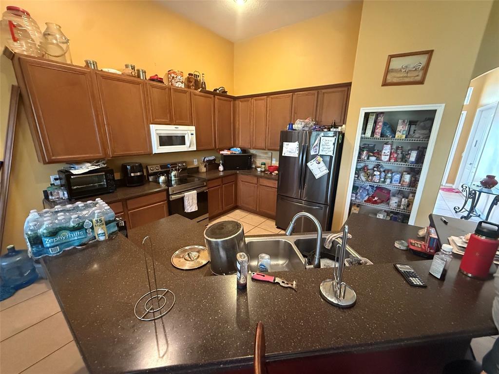 A kitchen features dark wood cabinets, dark countertops, a stainless steel refrigerator, and a pantry — 449 KAYS LANDING DRIVE, SANFORD, FL