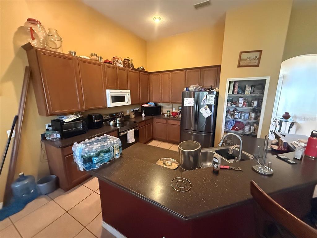 A kitchen features dark wood cabinets, a dark countertop island, and a walk-in pantry — 449 KAYS LANDING DRIVE, SANFORD, FL