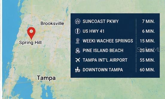 This map displays travel times from Spring Hill to various nearby locations and landmarks — 15130 SPOKANE ROAD, SPRING HILL, FL